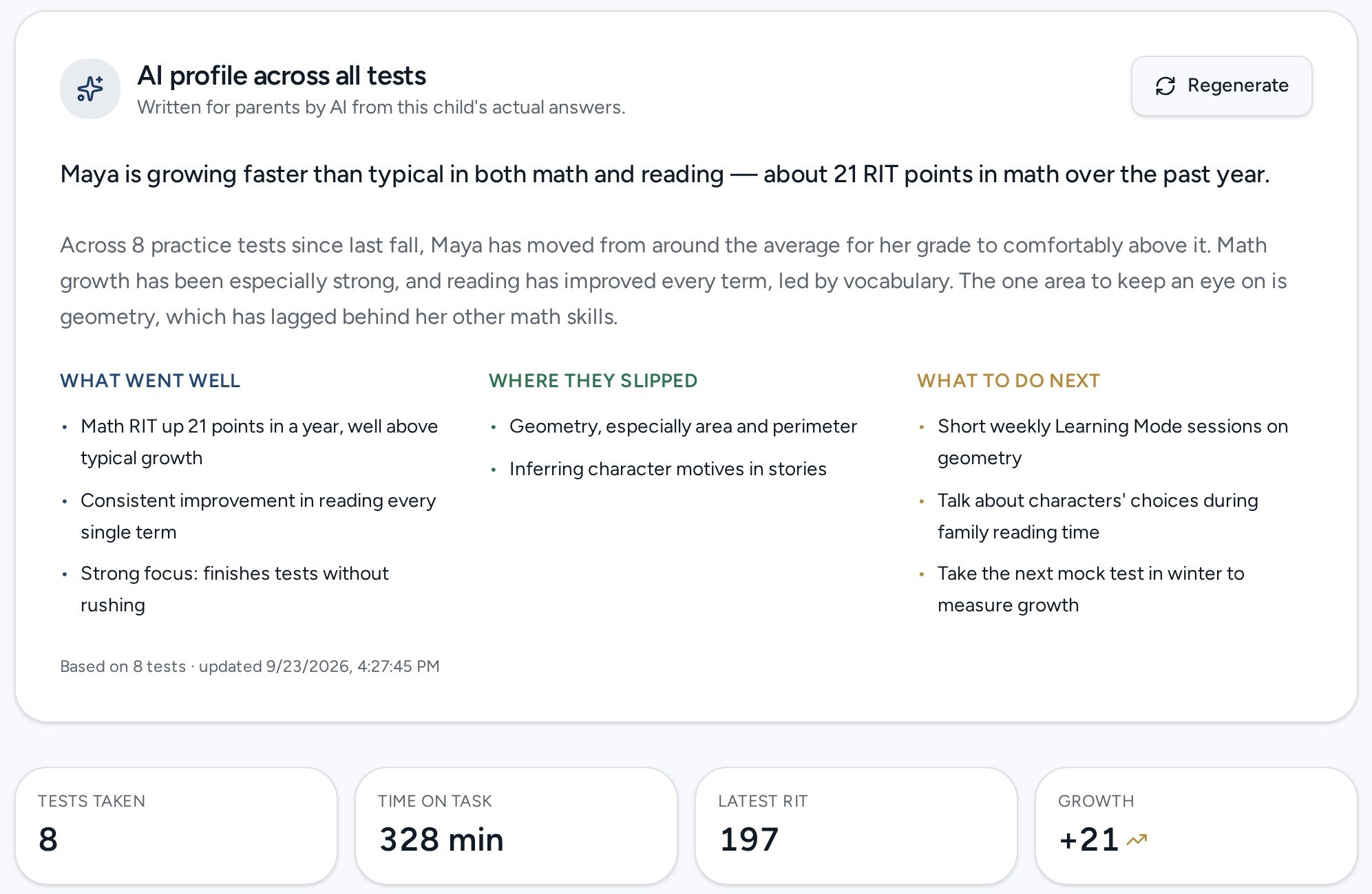 An AI profile summarizing a child's growth across all practice tests with strengths and next steps