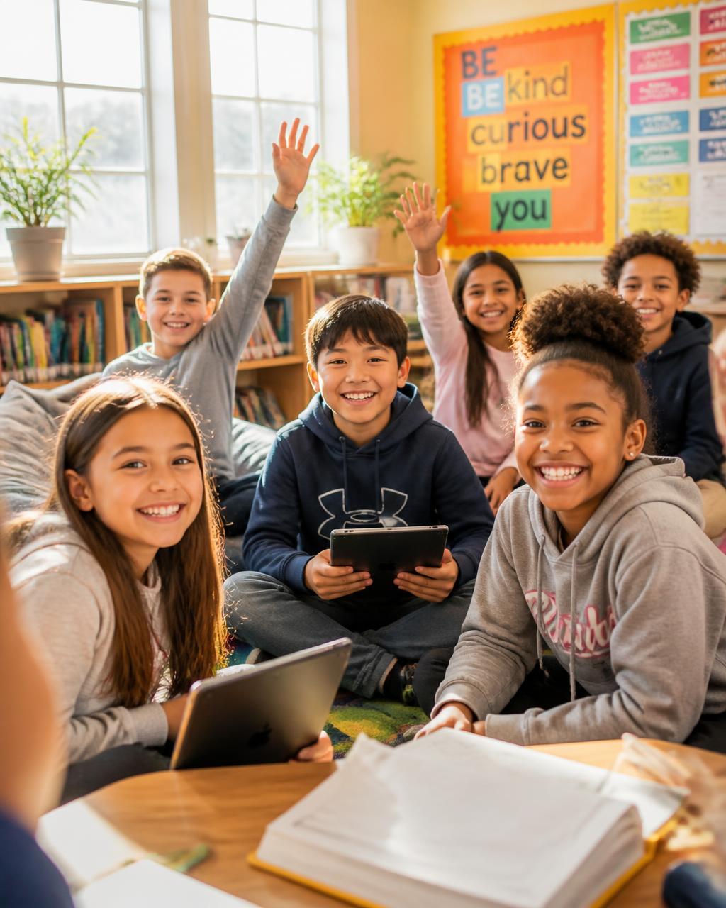 Students from elementary through high school working on tablets and notebooks